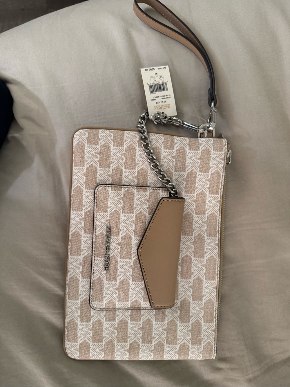 Michael Kors Beige & White Logo Wristlet Clutch